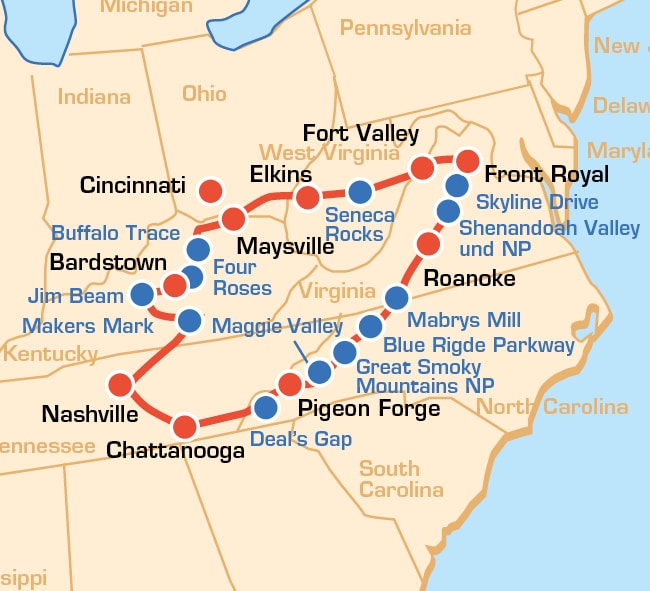Bourbon Trail Motorradtour, Appalachen, Blue Ridge Parkway, Kentucky, Nashville