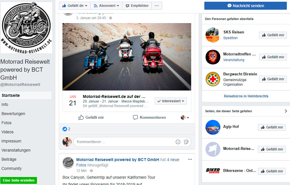 Motorradreisen in Facebook
